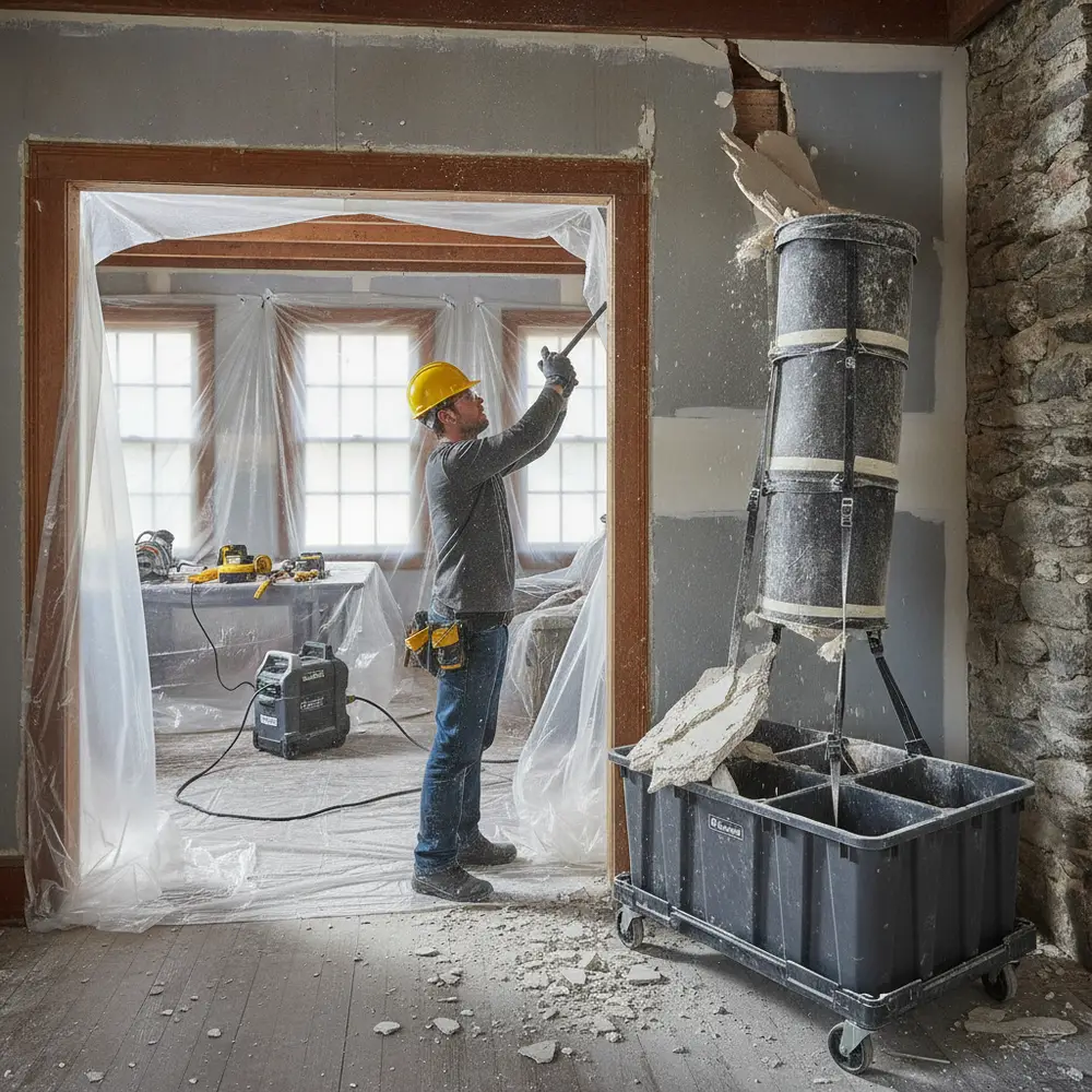 Interior room prepped for a remodeling project with covered floors and a sealed-off work area