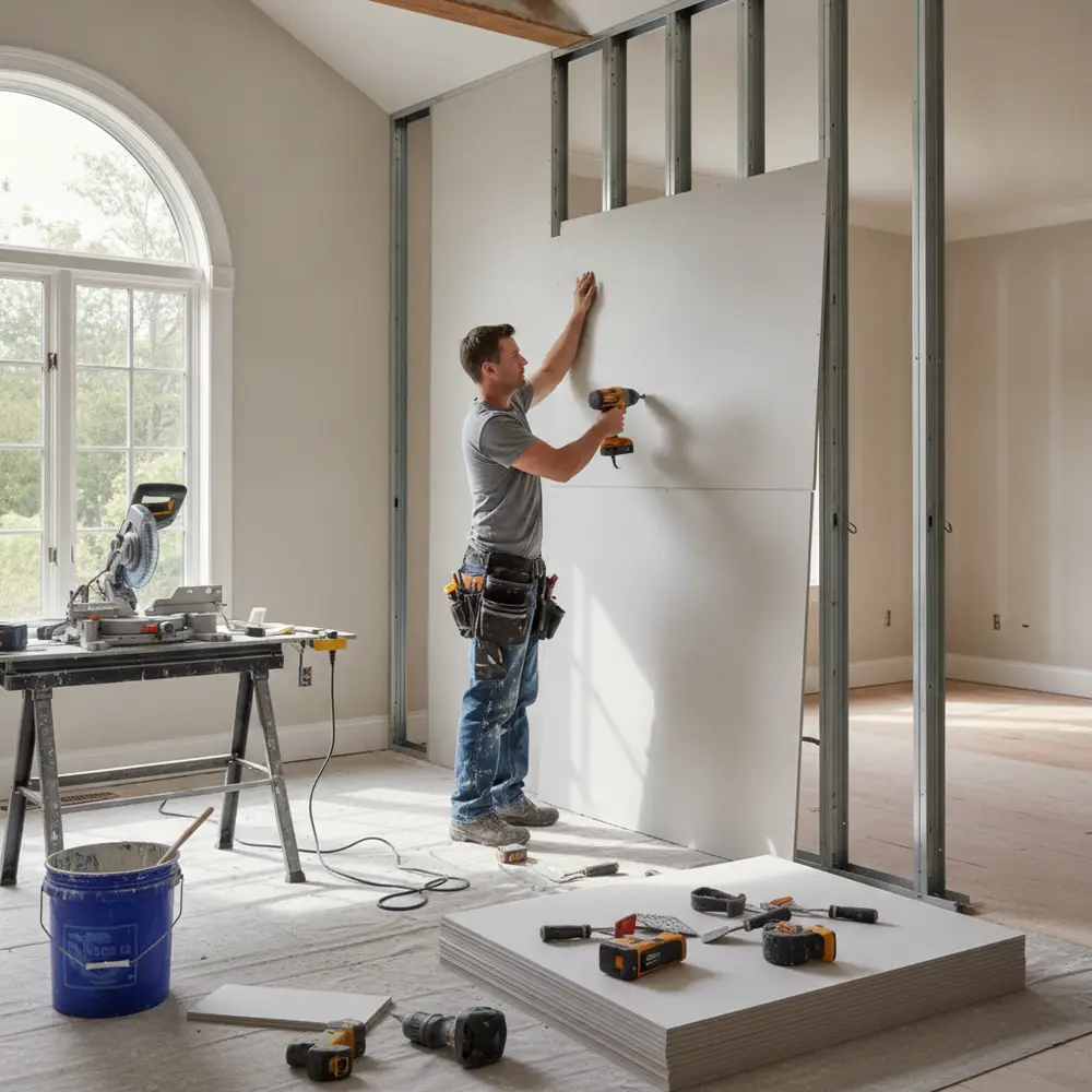 Contractor sanding a freshly patched drywall wall smooth before priming and painting