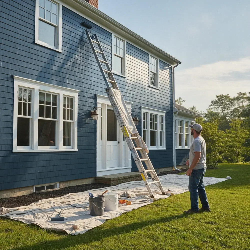 Freshly painted New England home exterior on a clear late-spring day with even, dry siding