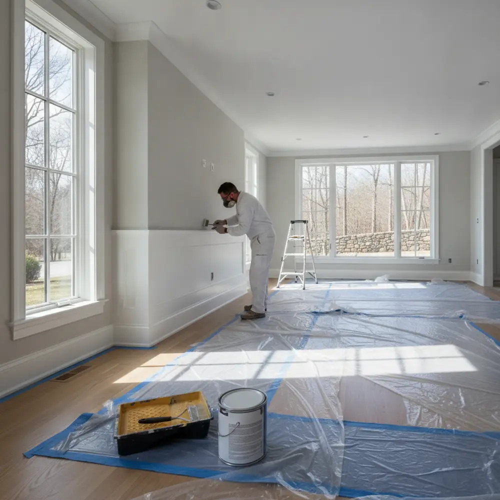 Painter rolling a fresh coat of paint on an interior wall inside a Massachusetts home