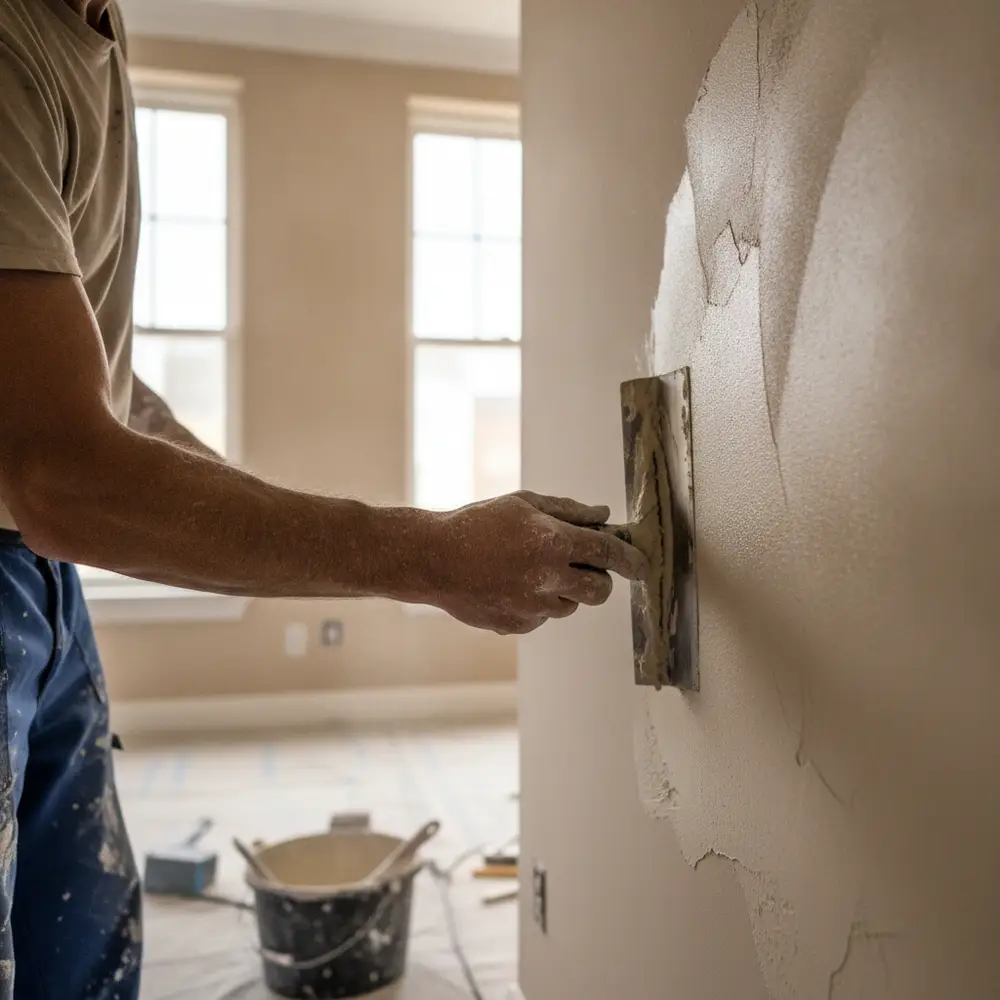 Close-up of a water-stained drywall and plaster wall being inspected before repair
