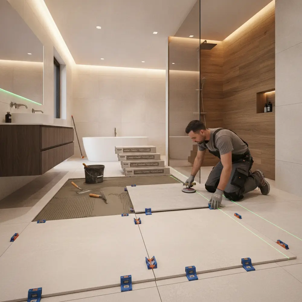Installer setting large-format floor tile with a notched trowel on a leveled subfloor in a Massachusetts home